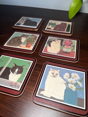 Set of 6 cat coasters Pimpernel. Cottagecore, cozy, retro, 80s aesthetic